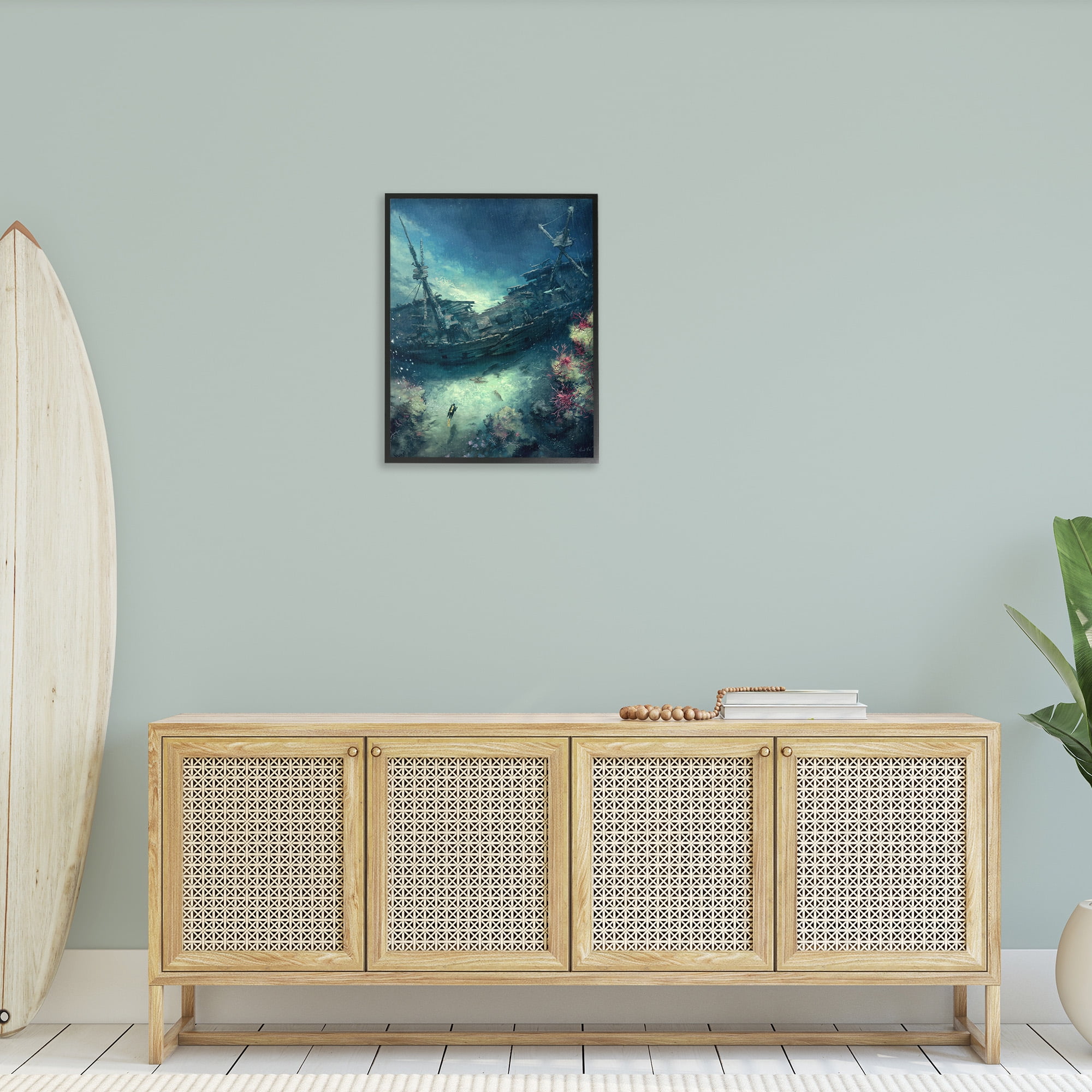 Stupell Industries Deep Sea Shipwreck Transportation Painting Black Framed Art Print Wall Art, 24 x 30