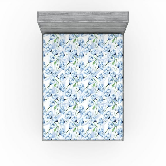 Ambesonne Floral Fitted Sheet, Blue Tender Romantic Flowers, California King, Pale Sky Blue Green and White