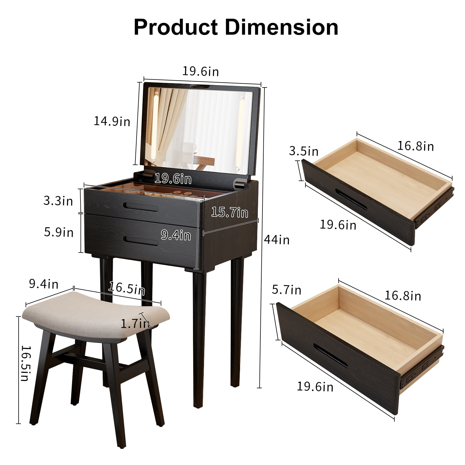 Muwuele Solid Wood Vanity Desk with Flip Top Mirror, Small Makeup Vanity with  Stool, Brightness Adjustable Lights, Compact Dressing Table for Bedroom, Living Room, Black