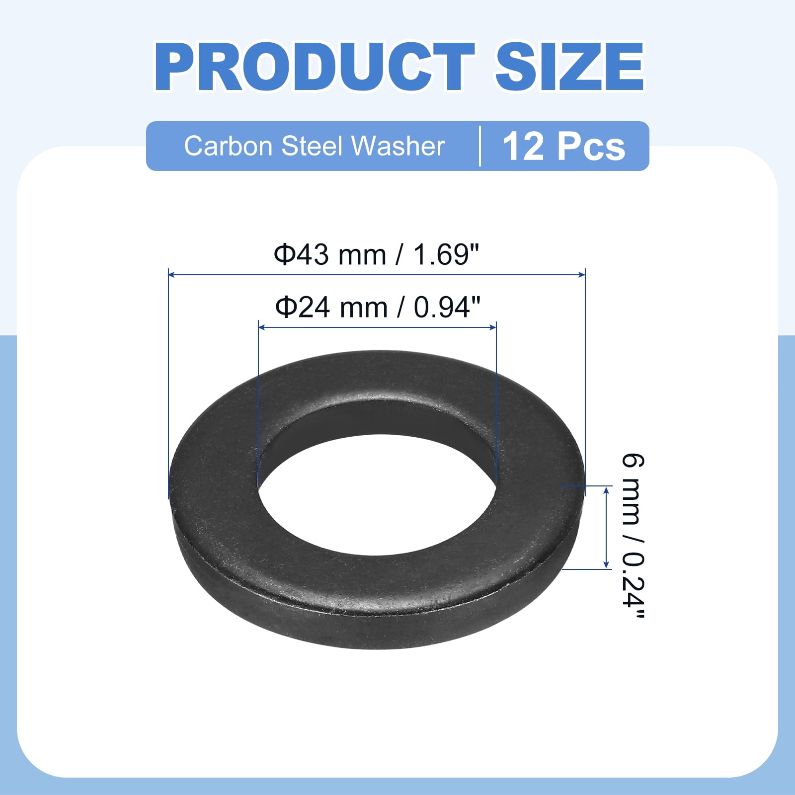 Uxcell 12pcs 1" Black Flat Washer for M24 Screw, Steel Metal Washers 24mm ID 43mm OD 6mm l for Industrial, Screws Bolts
