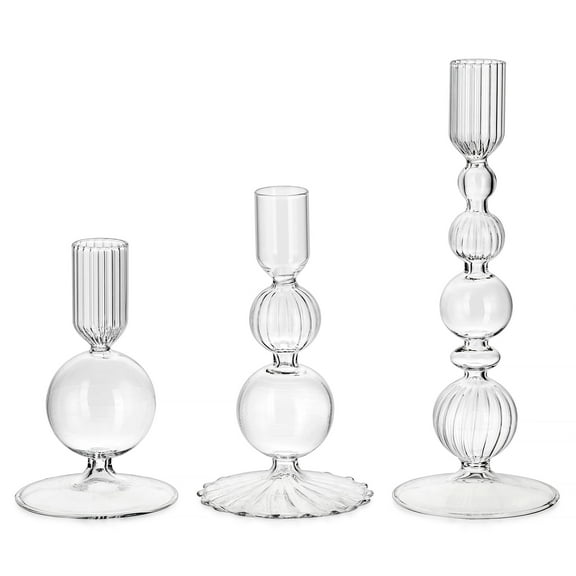 Glasseam Set of 3 Clear Glass Taper Candle Holders: Modern Christmas Wedding Table Centerpiece Decorations Ideal Gift Idea