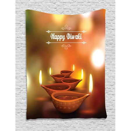 Diwali Decor Tapestry, Indian Religious Celebration with Best Wishes Happy Diwali Festive Artwork Print, Wall Hanging for Bedroom Living Room Dorm Decor, 60W X 80L Inches, Brown, by