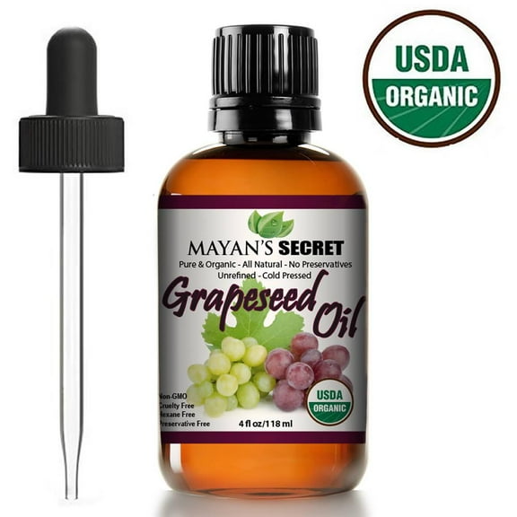 Mayan’s Secret Organic Grapeseed Oil Essential to Reduce Skin Wrinkles and Stretch Marks- Facial Cleanser, USDA Certified, Unrefined, Cold Pressed, Dandruff Remover - 4Oz