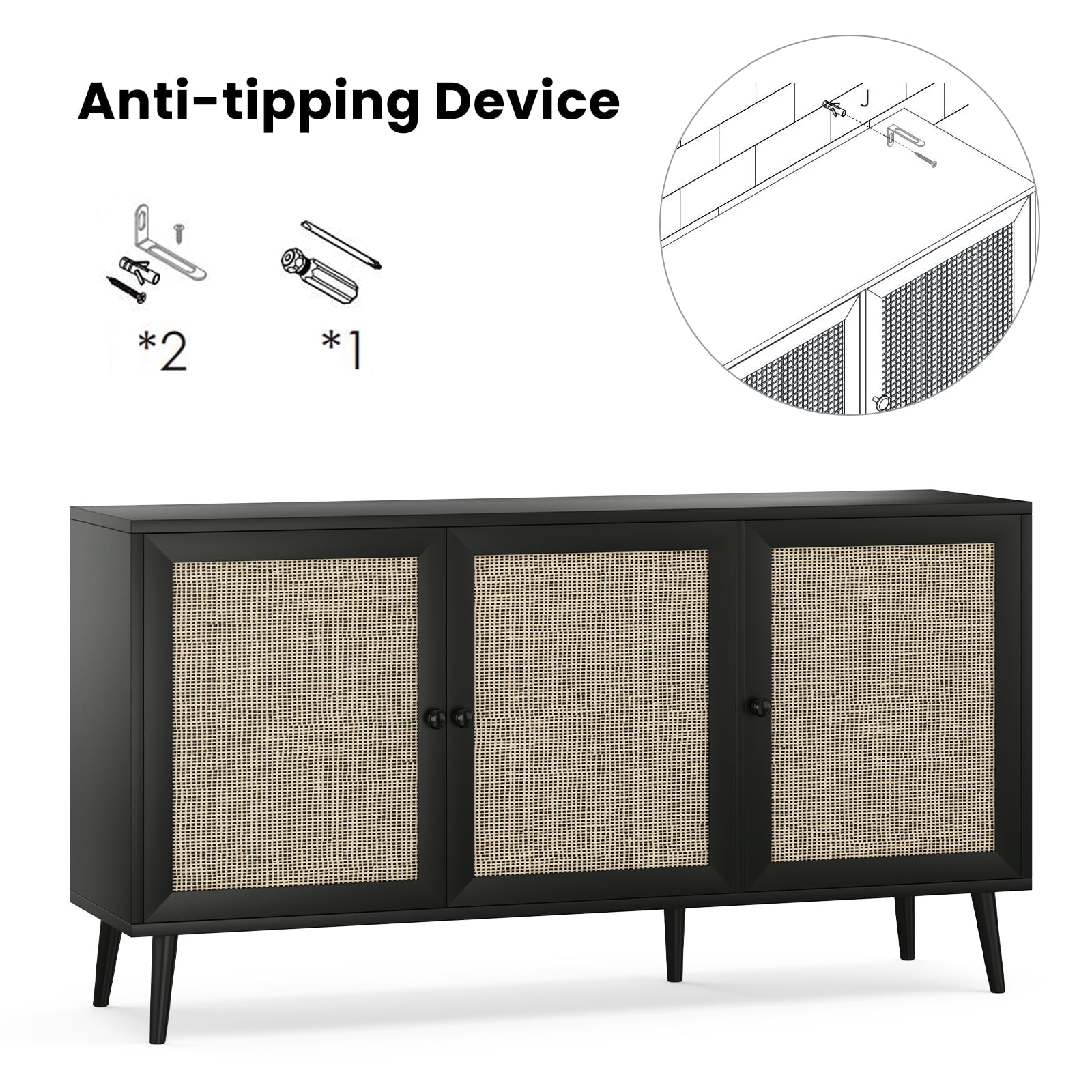 Aukfa Rattan Sideboard Buffet Cabinet,Accent Cabinet with Doors & Shelves for Kitchen, Living Room,Black