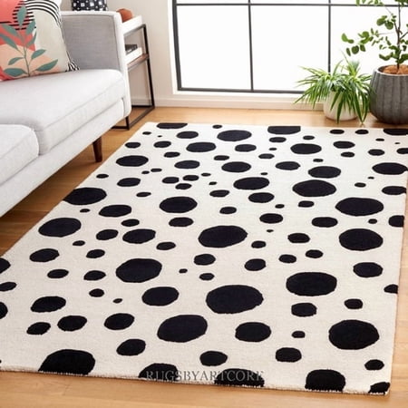Artcore SA2 Handmade Black & White Polka Dot Wool Area Rug, Modern Wool Carpet for Living Room & Dining Area, 6x9 ft