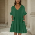 thumbnail image 6 of PiGOGI Women's Casual V-Neck Short Sleeve Mini Dress - Solid Color Pullover Flowy Skirt Dress - Summer Loose Fit Sundress Green, 6 of 8