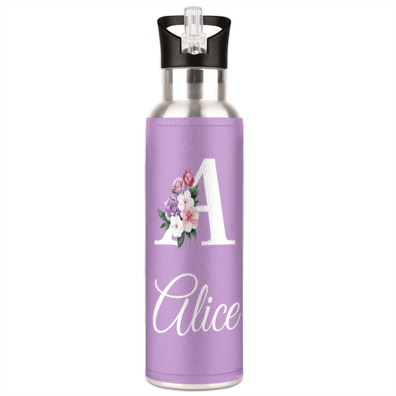 Personalized Insulated Water Bottle with Name, Custom Monograms Stainless Steel Tumbler with Lid & Straw, 20 oz Vacuum Cup Gift for Women (Letter A)