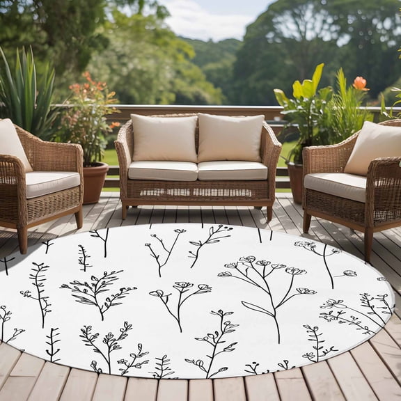 Black White Plant 8ft Round Rug for Open Concept Living Room Seating Zone, Art Floral Farmhouse Leaf Retro Flower Botanical Washable Non Slip Large Circle Area Rug