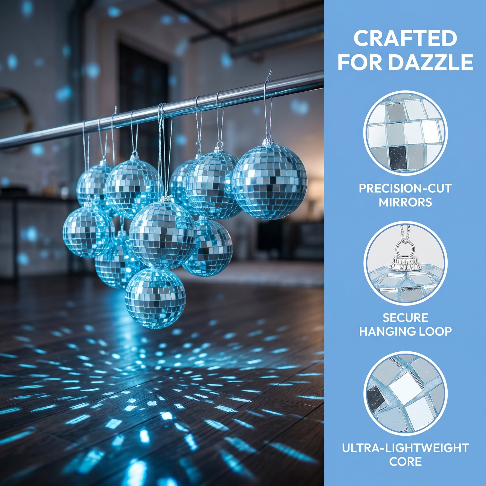 Unique Bargains 10Pcs Mirror Disco Balls for Hanging Sphere Orbs Blue 2"x2"x2"