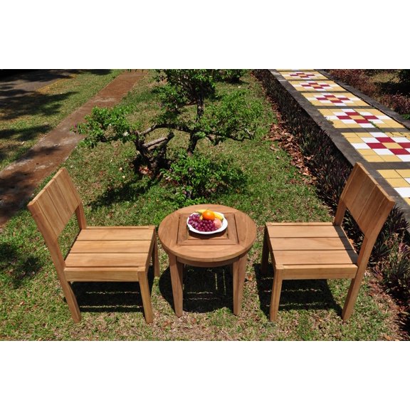 Grade-A Teak Dining Set: 2 Seater 3 Pc: Noida Round Side Table And 2 Veranda Armless Chairs Outdoor Patio WholesaleTeak #WMVR35