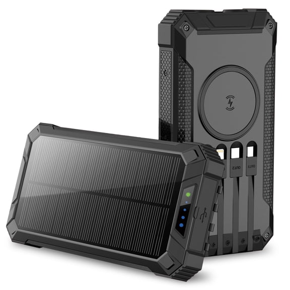 Alpha Digital Solar Power Bank, Wireless Charging, 20000mAh, Built-in Cables, IP65 Waterproof, Digital Display