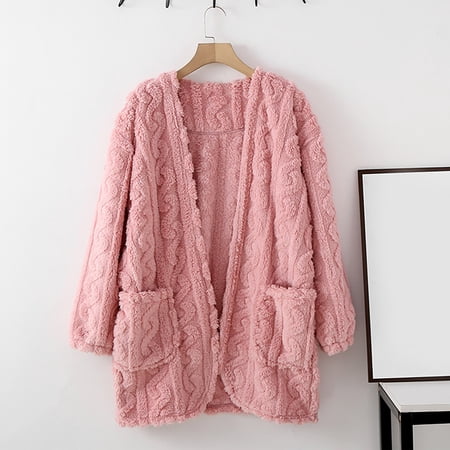 Sakmal Open Front Pajama Tops Women Flannel Long Sleeve Fuzzy Fleece Loungewear Pink Crew Neck Loungewear for Women XXL