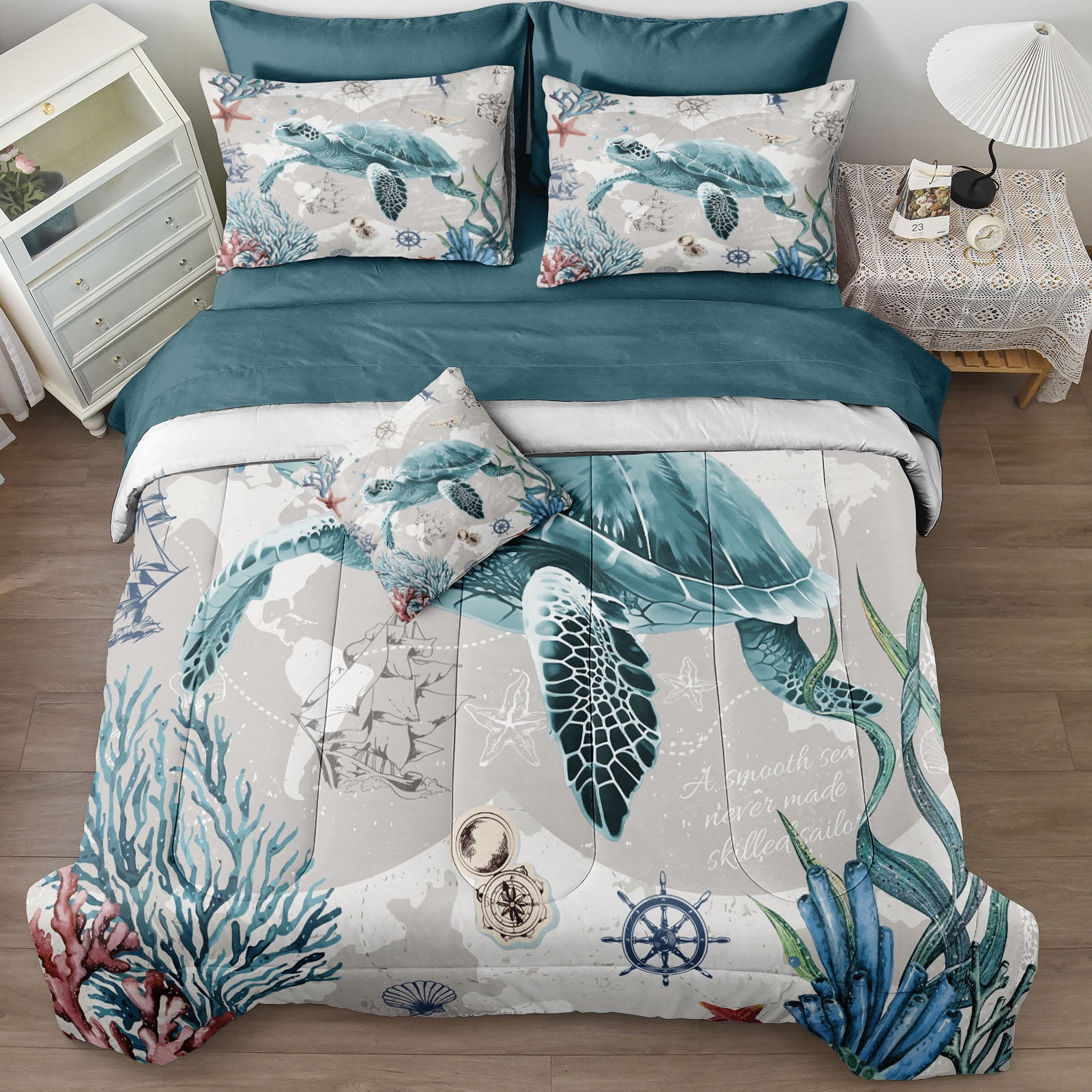 Nautical Bedding Set Turtle Comforter Set Queen/King Size Beach Comforter Set Soft Microfiber Sea Life Ocean Bedding Comforter Set Coastal Bedding Boys Girls Beach Theme Bedding Set 4 Pieces 1 Comfor