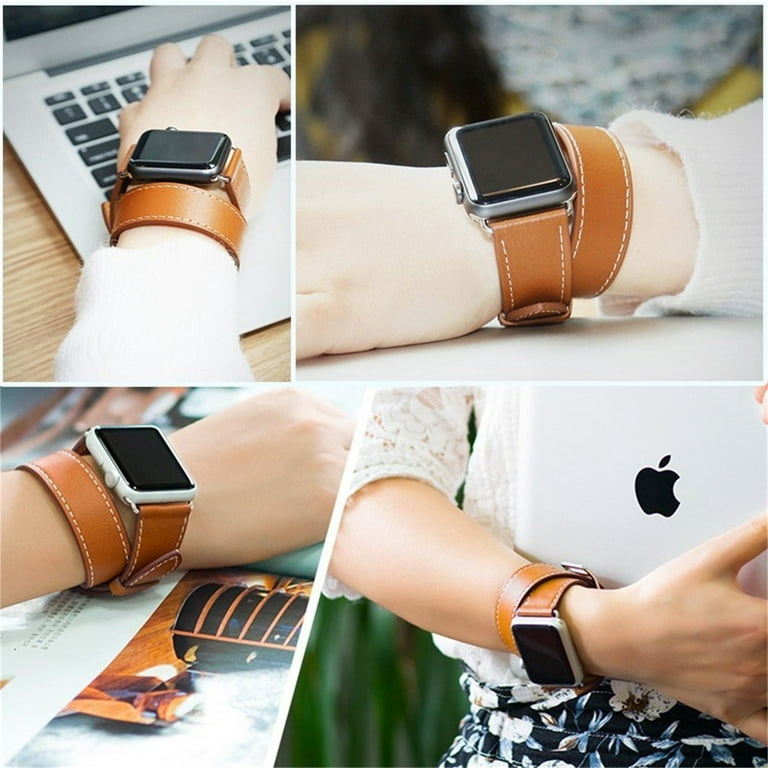 Deeplus for Apple Watch Band 45mm 44mm 42mm 41mm 40mm 38mm, Carved Handmade Bump Retro Genuine Leather Flower Replacement Strap for Men Women Brown