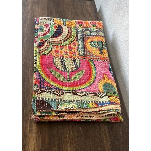 Indian kantha quilt bedspread handmade bed cover bedding throw blanket