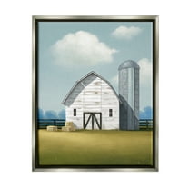 Stupell Industries White Barn with Hay Stacks Landscape Painting Gray Floater Framed Canvas Art Print Wall Art, 25 x 31