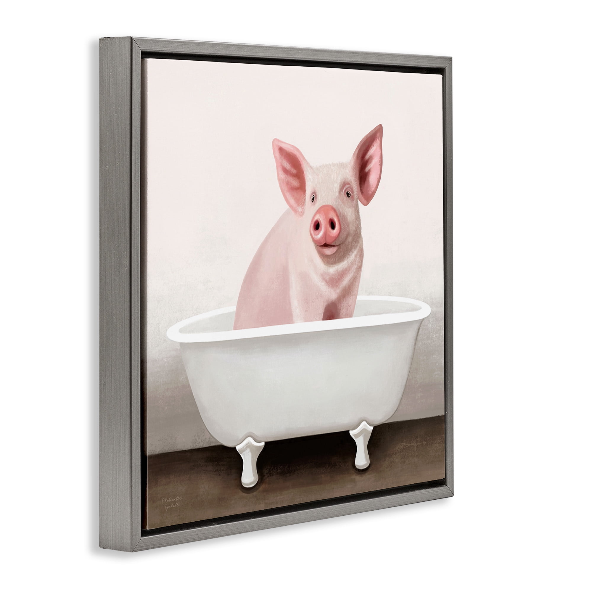 Stupell Industries Pink Farm Pig in Country Bath Tub Animals & Insects Painting Gray Floater Framed Canvas Art Print Wall Art, 25 x 25