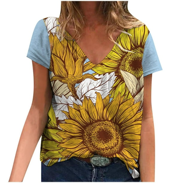 Moda mujer estampado de girasol camisetas cuello redondo casual
