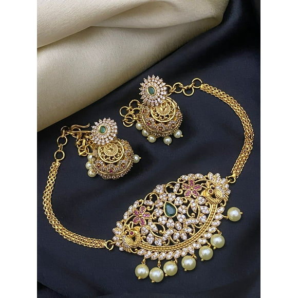 Sabyasachi-Inspired Gold Finish Choker Set with Pearls, American Diamond Stones, Ruby Red & Emerald Green Jhumka Earrings – South Indian Bridal Jewelry
