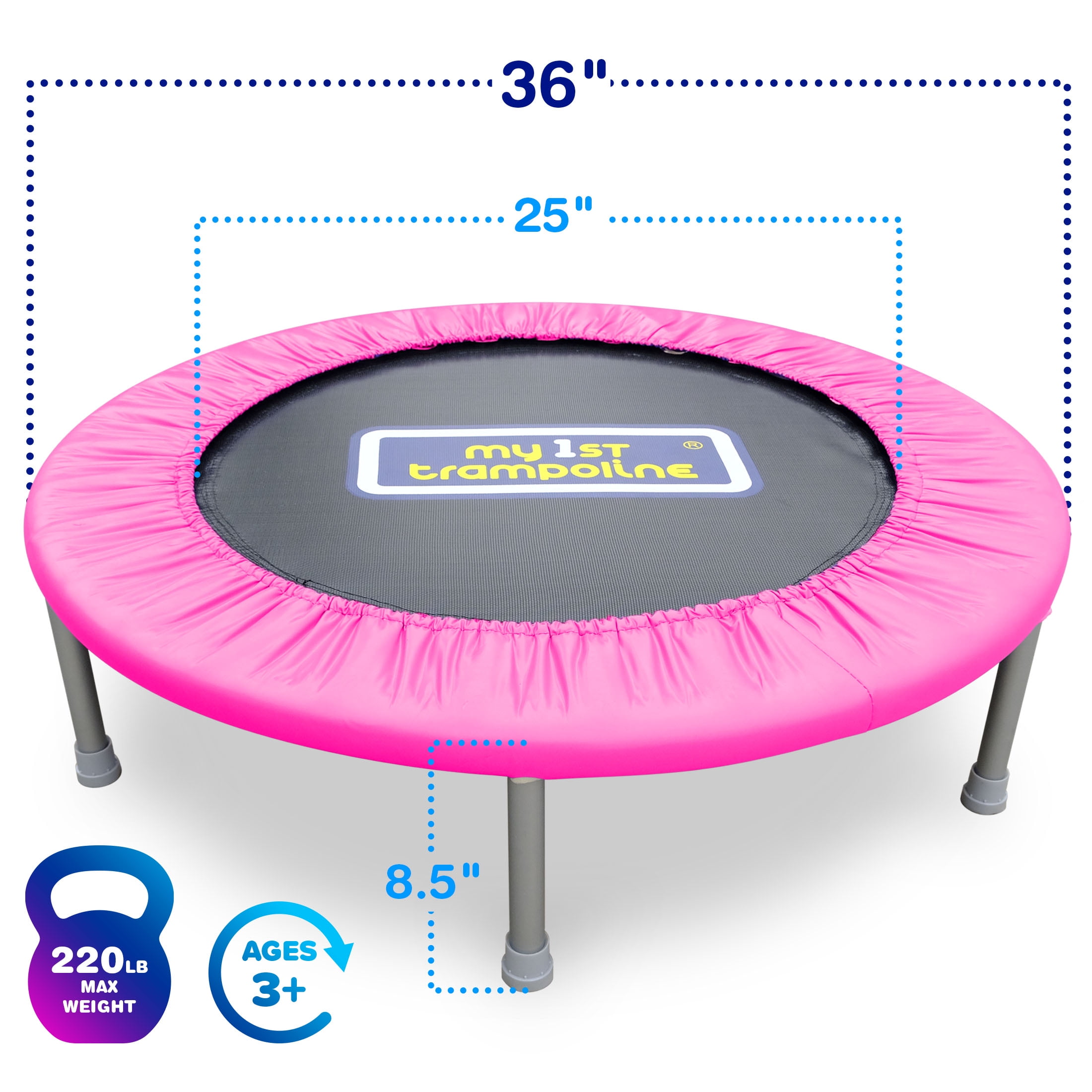Sportspower My 1st Trampoline 36" Indoor/Outdoor Mini Rebounder Trampoline with No-Gap Padded Cover, for Toddlers & Kids Aged 3 to 10, Max Weight Capacity 220 LBS - PINK