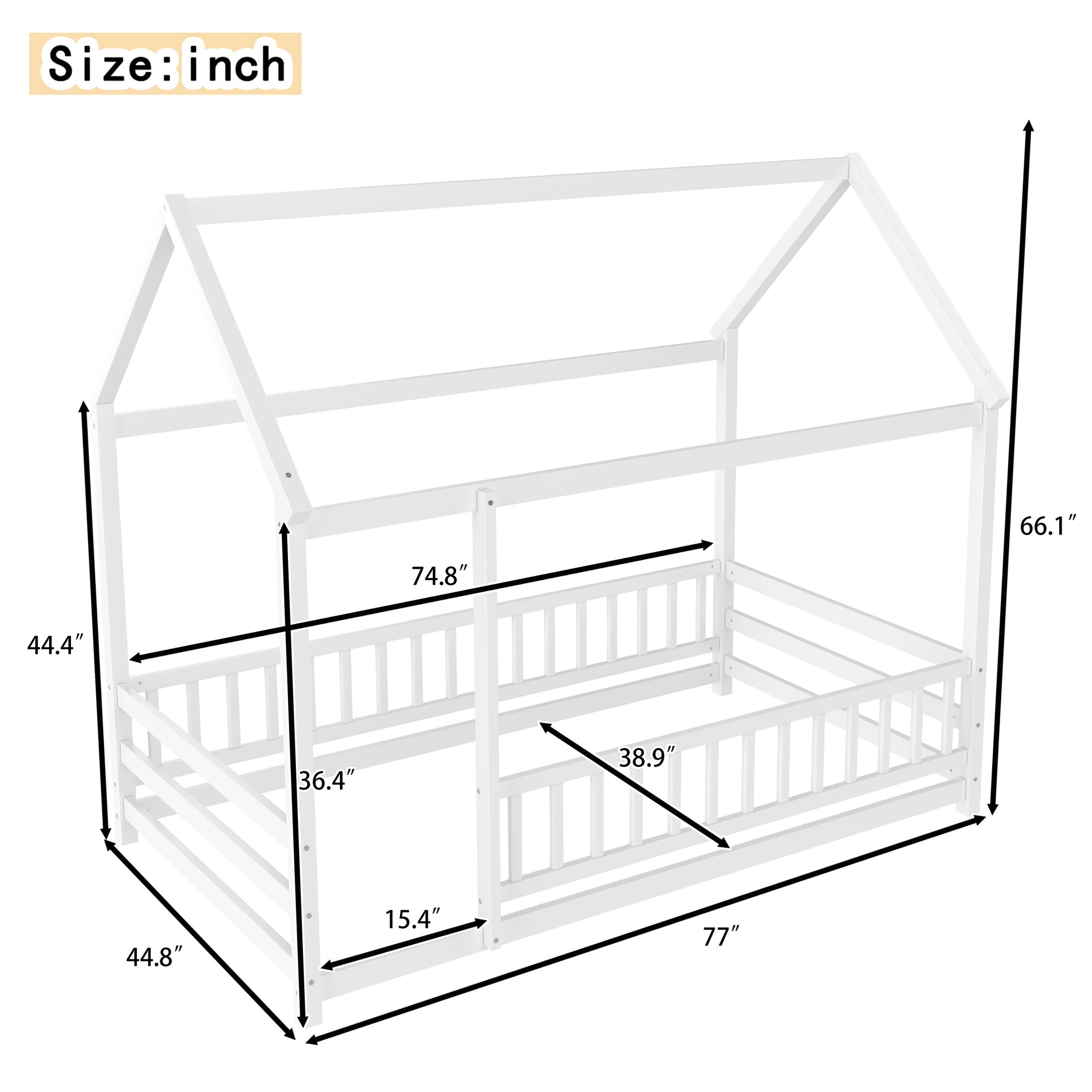 Noble House Twin Size Montessori Floor Bed with House Roof Frame and Safety Guardrails, White
