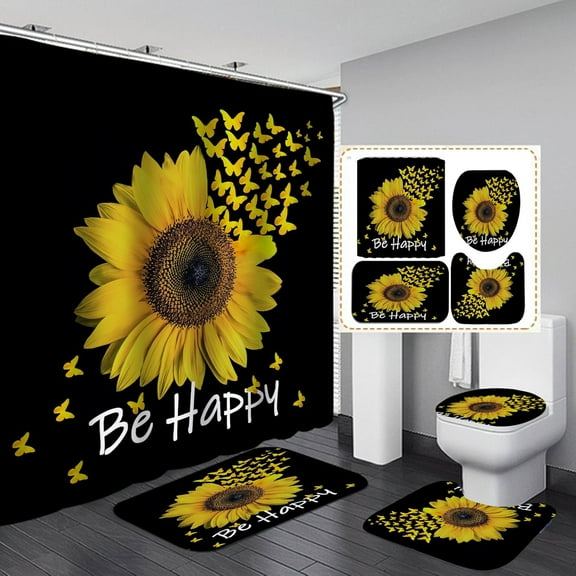 4PCS/SET Blue Butterfly White Daisy Shower Curtain Set, Farmhouse Flower Country Floral Modern Art Bathroom Decor Waterproof Fabric Grey Bath Curtain, Non-slip Bath Rug Toilet Mats, Raindrops