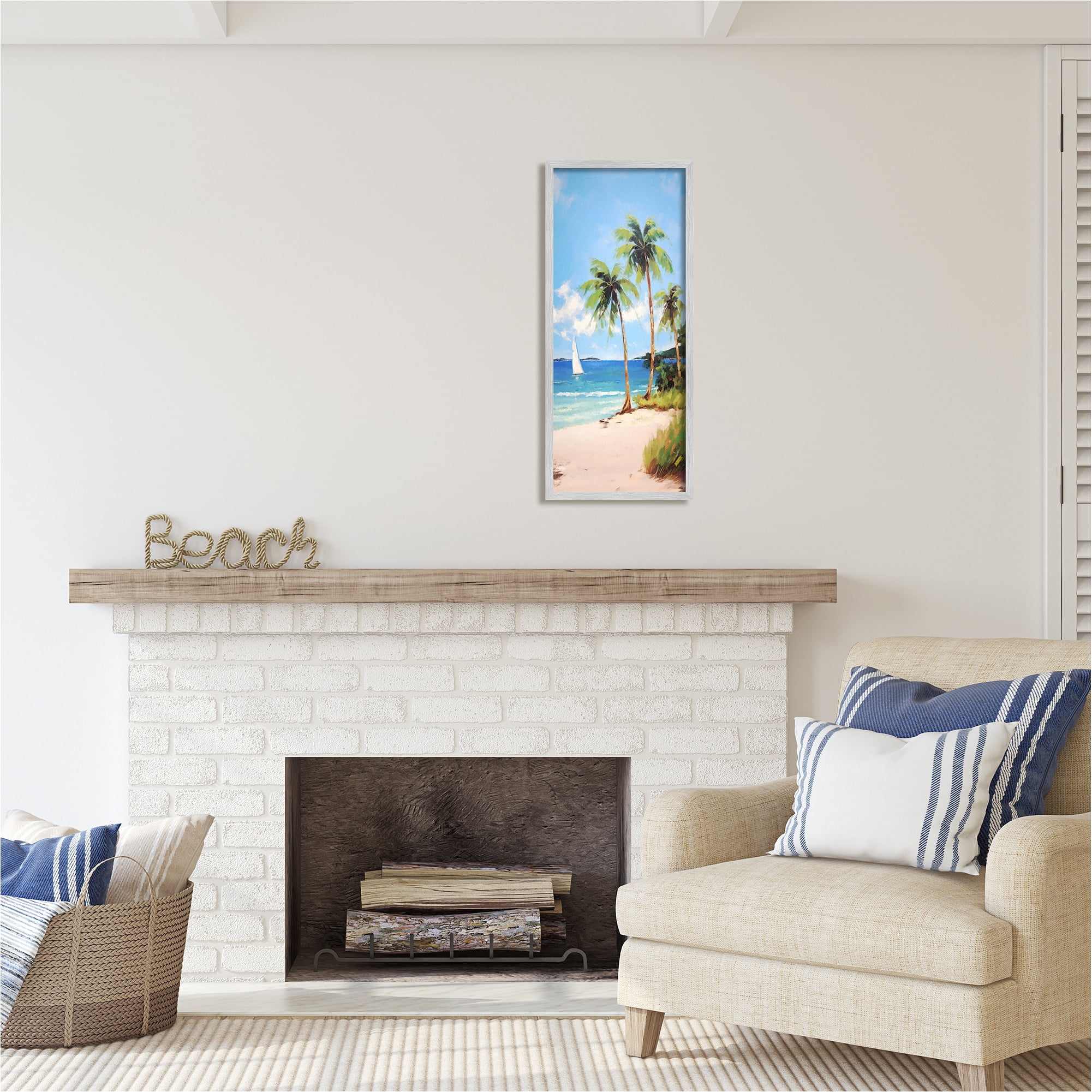 Stupell Industries Palm Trees & Sailboat Landscape Painting Gray Framed Art Print Wall Art, 13 x 30