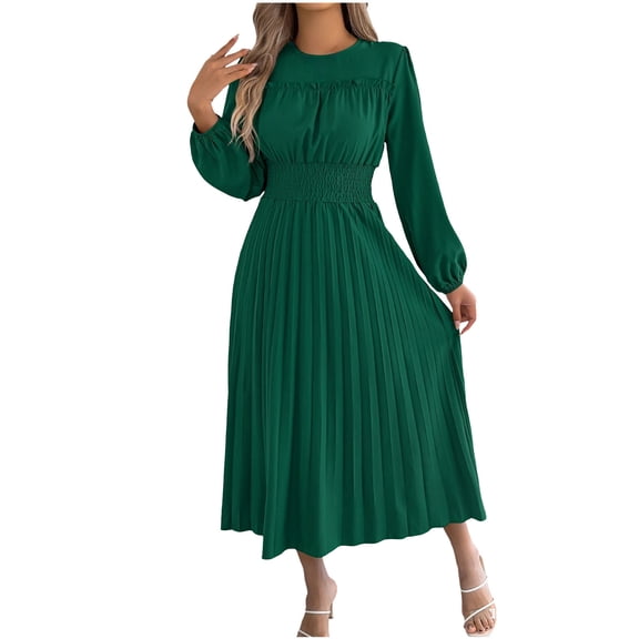 jtjvou Womens Long Sleeve Midi Dress Elegant High Neck Smocked Waist Pleated A Line Casual Solid Swing Flowy Dresseses Green M