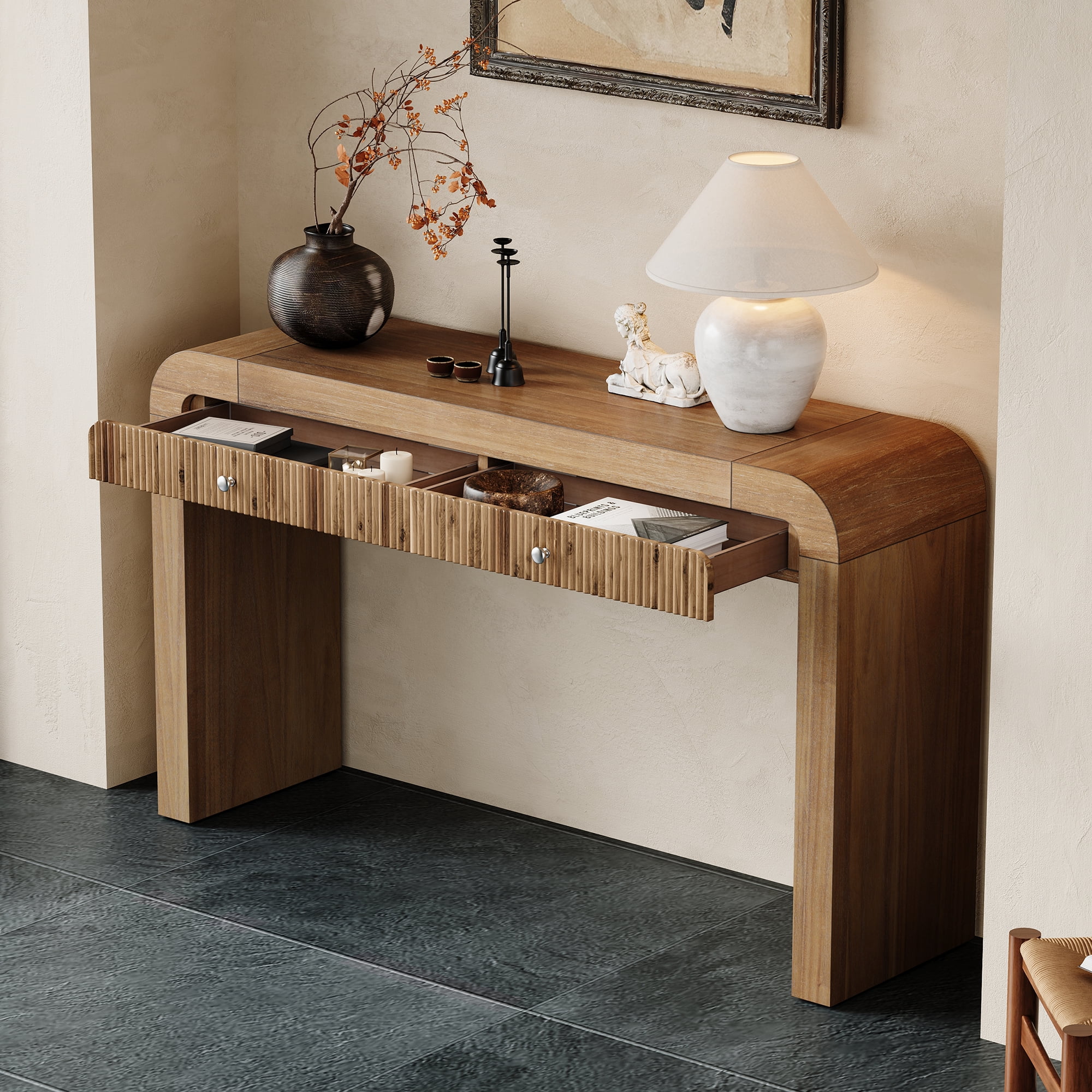 Harper & Bright Designs Wood Console Table with Storage , Flutde Entryway Table with Curved Corners for Hallway & Living Room , Natural