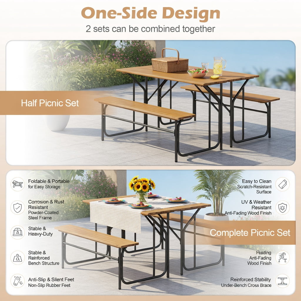 Hommoo Acacia Wood Outdoor Picnic Table & Bench Set for 2, Heavy-Duty Metal Frame, 52-inch Seating, Ideal for Backyard, Patio, Balcony, Black & Natural