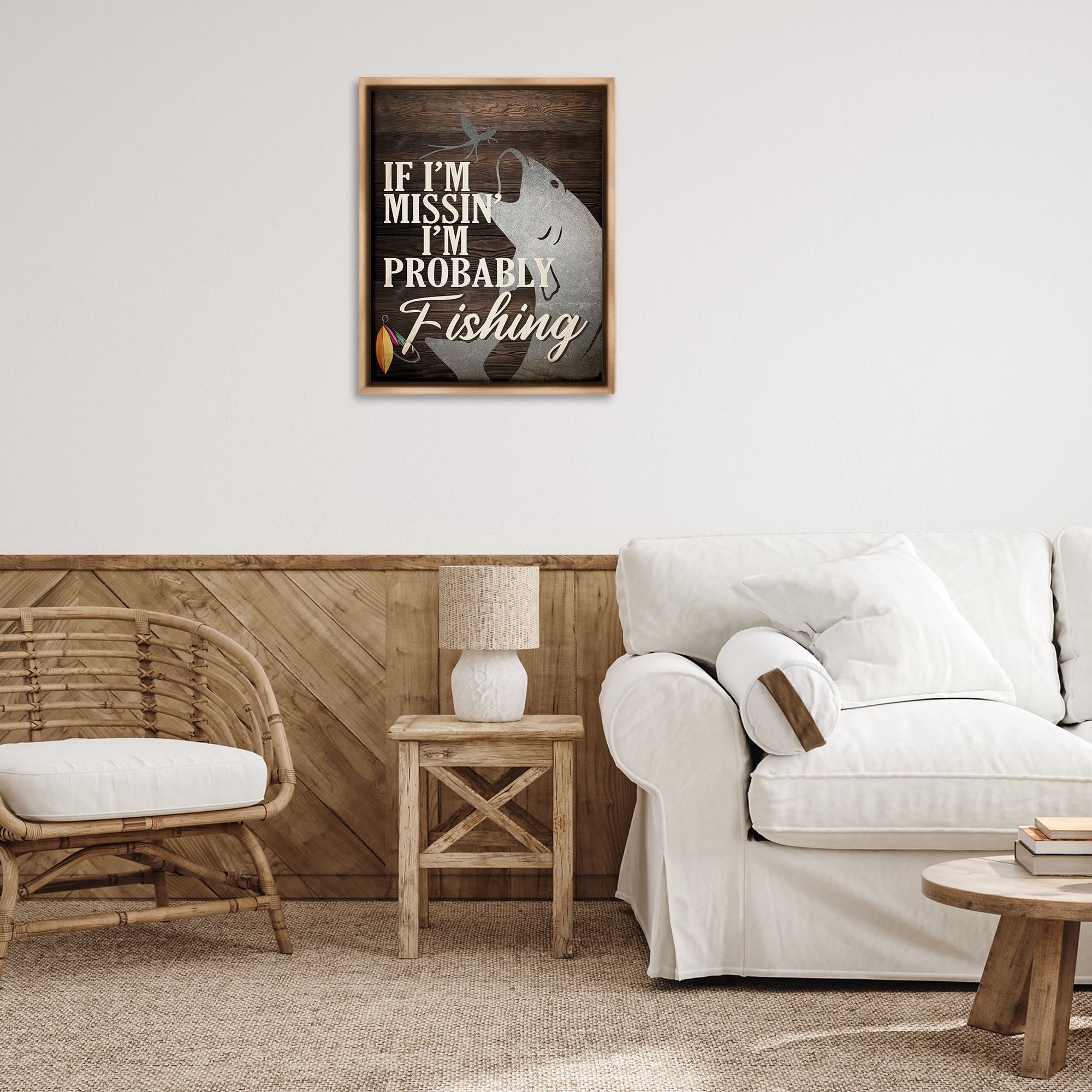 Stupell Industries Rustic Probably Fishing Animals Painting Brown Floater Framed Canvas Art Print Wall Art, 25 x 31