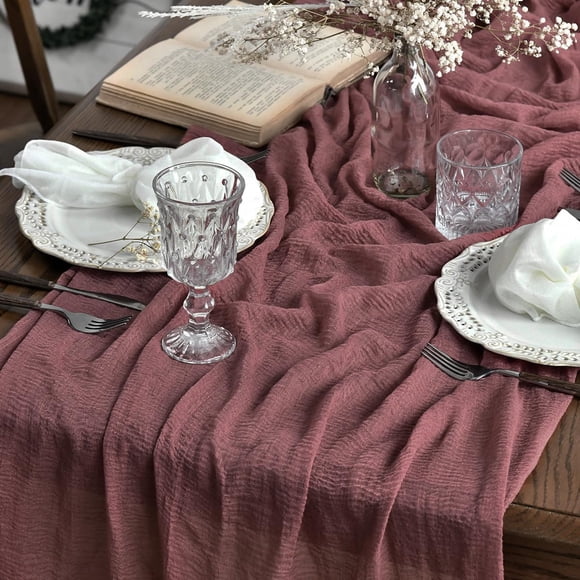 Artoid Mode Boho Burgundy Gauze Wedding Table Runner, 300 cm Seasonal Fabric Kitchen Dining Holiday Table Decor for Home Party Indoor