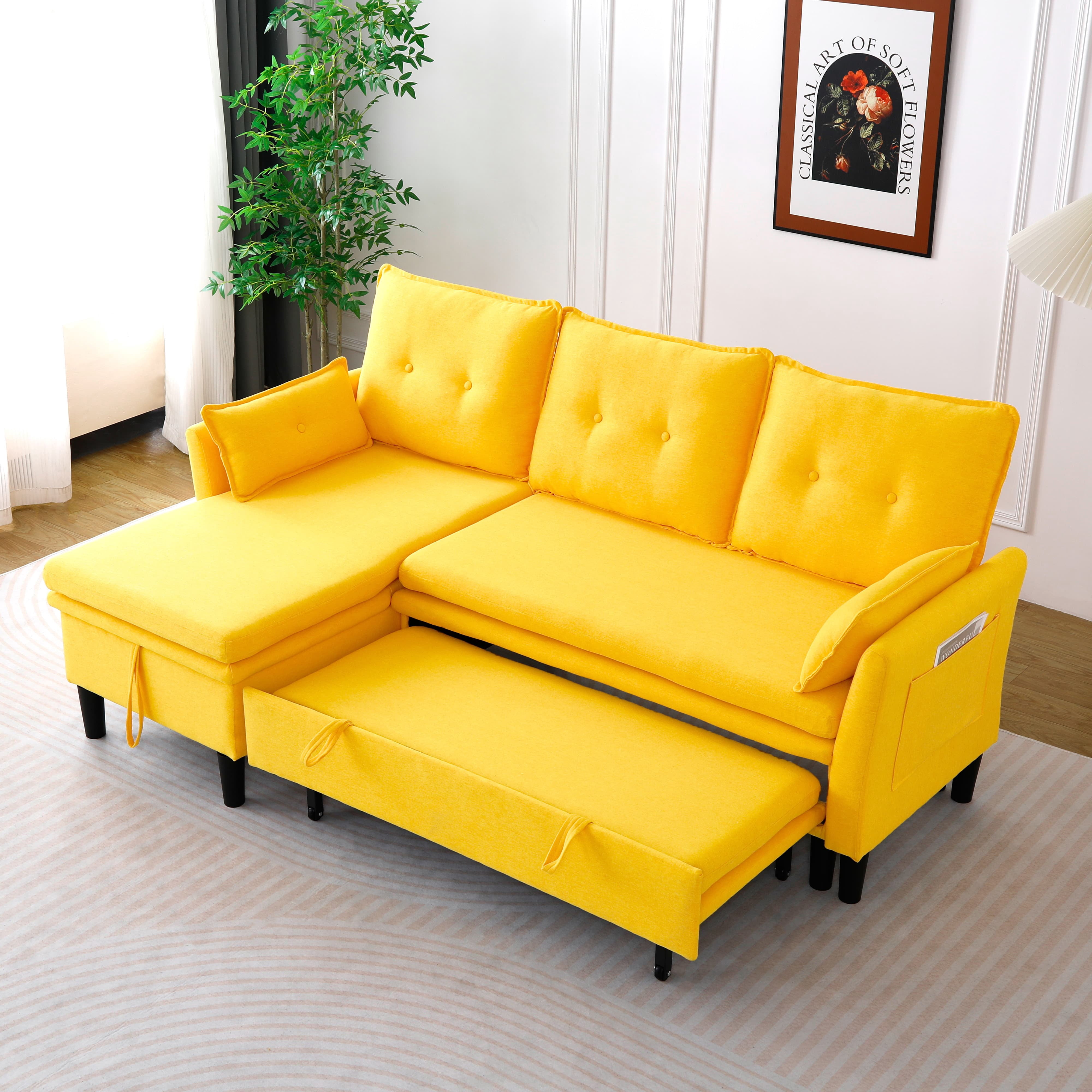 MAYEERTY L-Shaped Reversible Chaise Sectional Sofa Linen Sofa Bed with Storage, for Apartment, Yellow