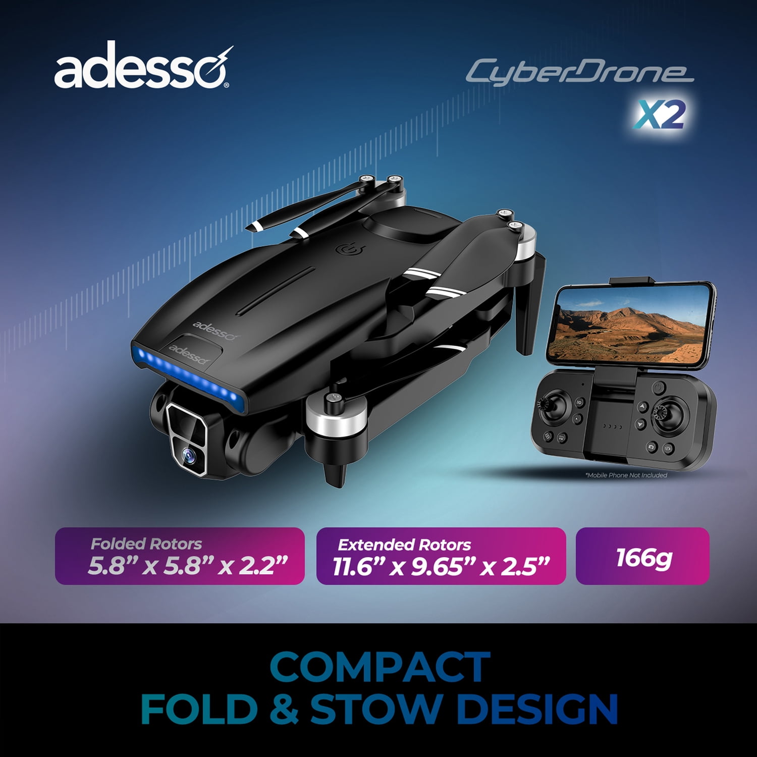Adesso CyberDrone X2 1080p Drone with FPV Camera, Gimbal, and Remote, CyberDrone X2