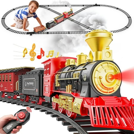Hot Bee Train Set, Remote Control Train Toys with Luxury Tracks, Christmas Train Sets for Around the Tree,Toy Train with Smokes, Lights & Sound,Model Train Set for 3 4 5 6 7+ Years Old Boys Gifts Kid