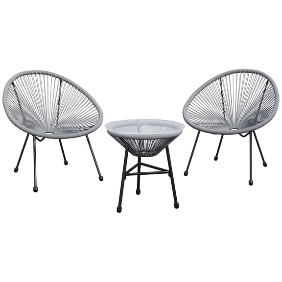 3 Piece Patio Bistro Set, Outdoor Acapulco Chair and Table Set with Rope, Glass Top Table, Gray