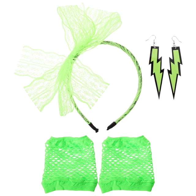 KAKOWELY Diadema de encaje de los 80, pendientes de neón, guantes de rejilla sin dedos para fiesta de los 80 (verde claro)