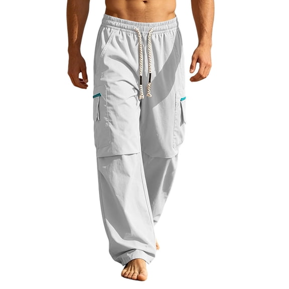 Mens Athletic Pants Loose Wide Leg Drawstring Elastic Waist Cargo Pants Detail Straight Leg Functional Casual Trousers Summer Lightweight Outdoor Pants
