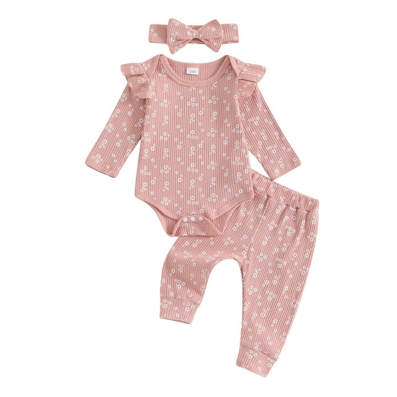 Suealasg Baby Girl Outfit Newborn Girl Spring Fall 3Pcs Clothes 3 6 Months Infant Floral Print Long Sleeve Romper Long Pants Headband Set