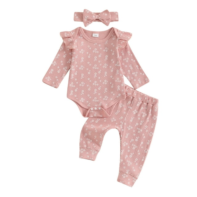 Gupgi Infant Girl Fall Outfits Baby Floral Print Crew Neck Long Sleeve Ribbed Romper Long Pants Headband 3Pcs Clothes Set