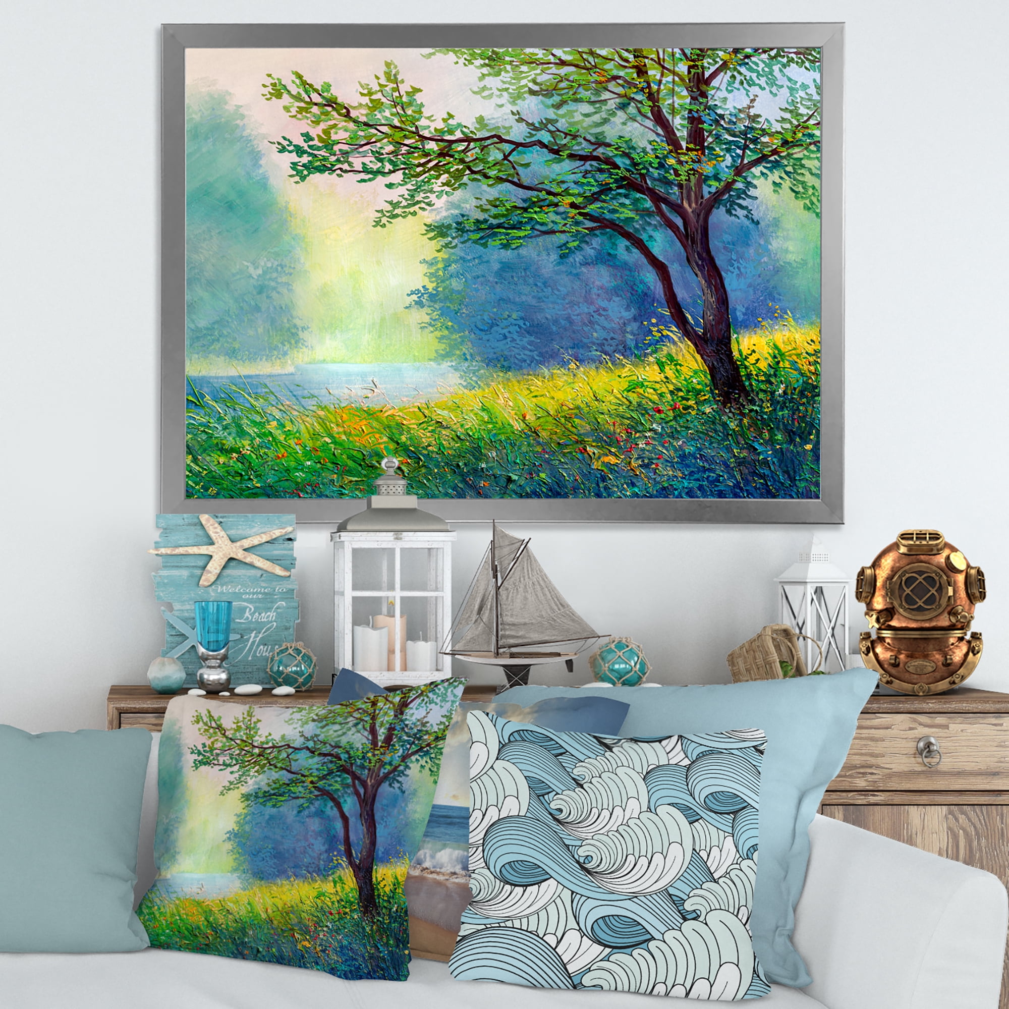 Designart 'Summer Forest With Waterfall and River ' Traditional Framed Art Print