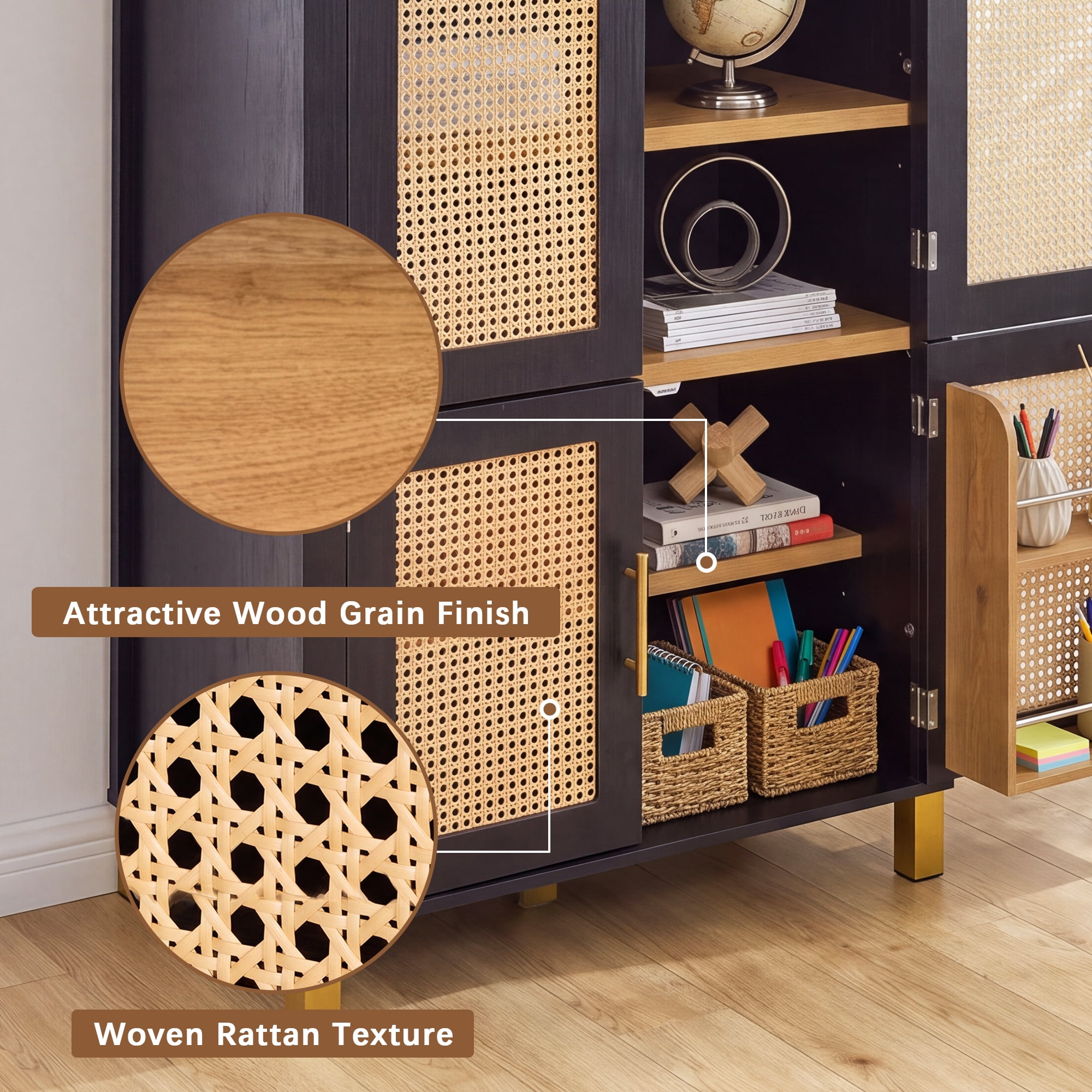 71" Tall Arched Cabinet with Rattan Doors & Adjustable Shelves,4 Doors Modern Farmhouse Storage Cabinet with Built-in Racks for Kitchen, Dining Room, Study, Black