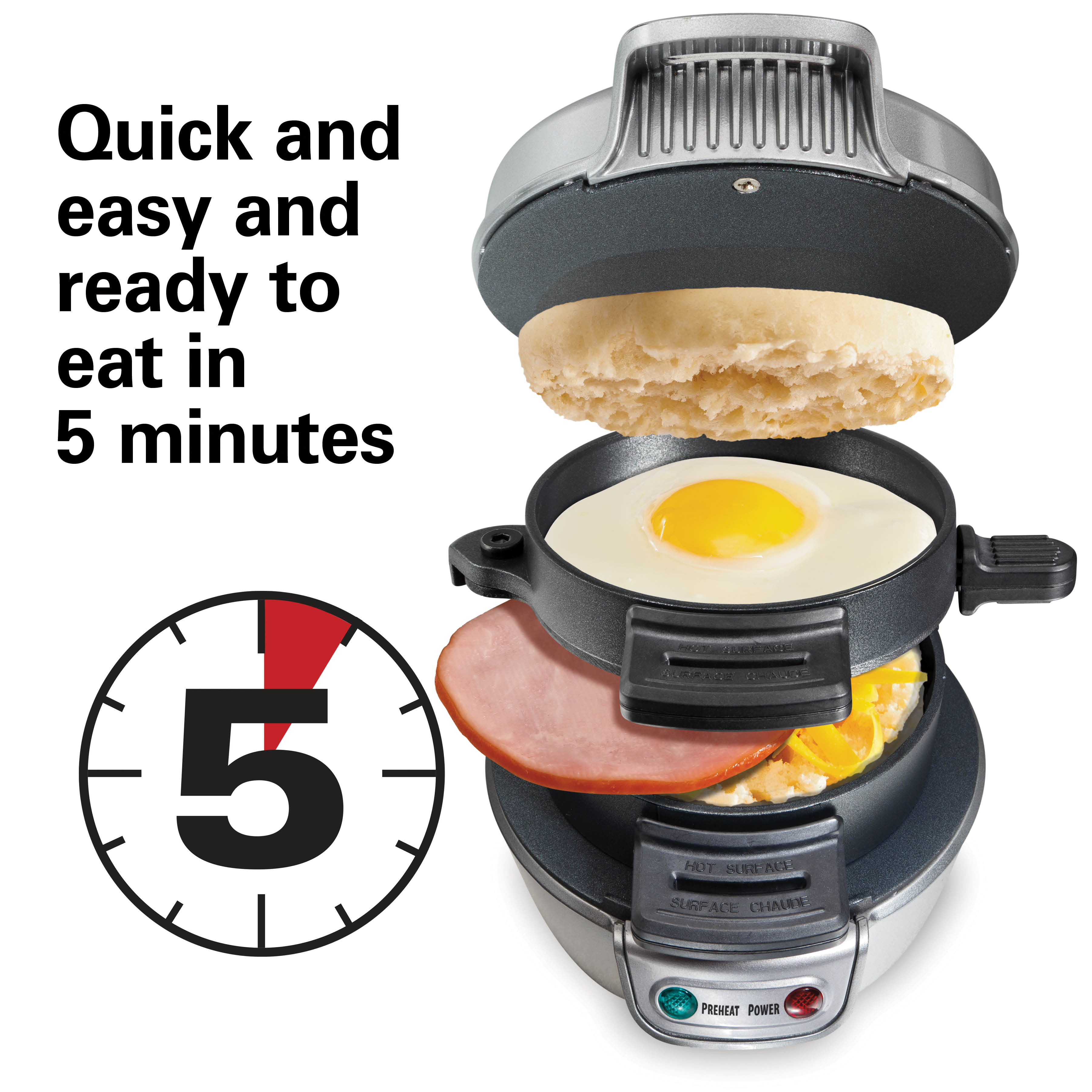 Hamilton Beach Breakfast Sandwich Maker with Egg Cooker Ring, Customize Ingredients, Silver, 25475 - image 3 of 9