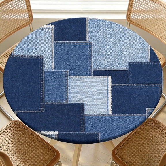 ARTSLION Elastic Tablecloth For Round Tables, Waterproof Tablecover For Up To 65in Round Table, Dining Tablecover For Indoor And Outdoor, Holiday, Denim Patch