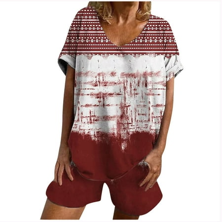 

Womens PJ Lounge 2 Pieces Outfits Trendy Printed Short Sleeve V Neck T Shirts Tops with Casual Loose Shorts Pajamas Suits