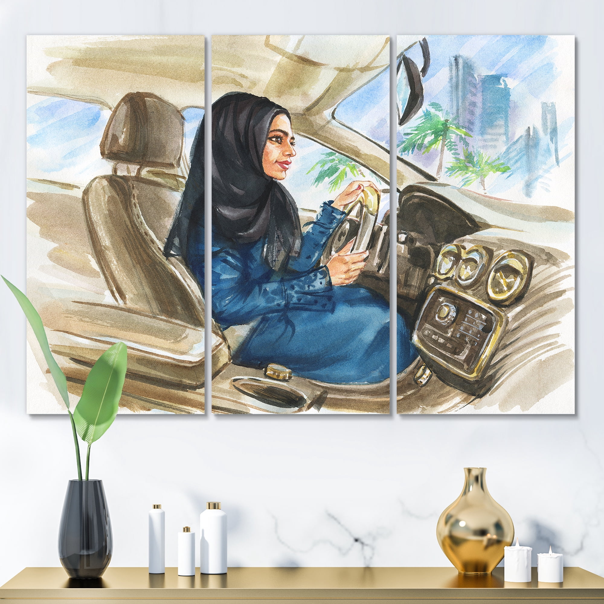 Designart ' Arabian Lady Driving A Car I ' Modern Canvas Wall Art Print
