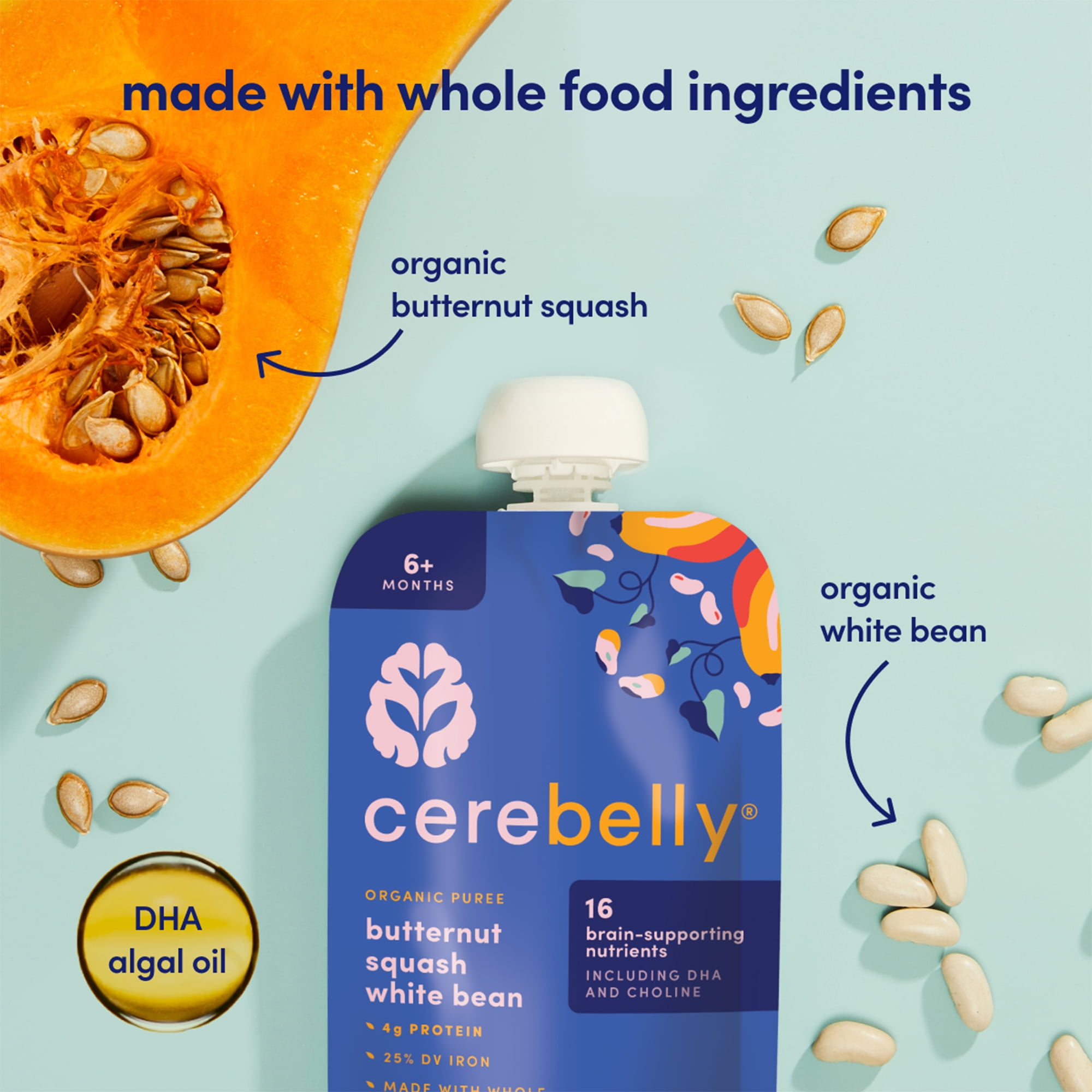 Cerebelly Organic Baby Food Pouches, Butternut Squash White Bean Purees, 16 Nutrients, No Added Sugar & Non-GMO, 4 oz, 12 Pack