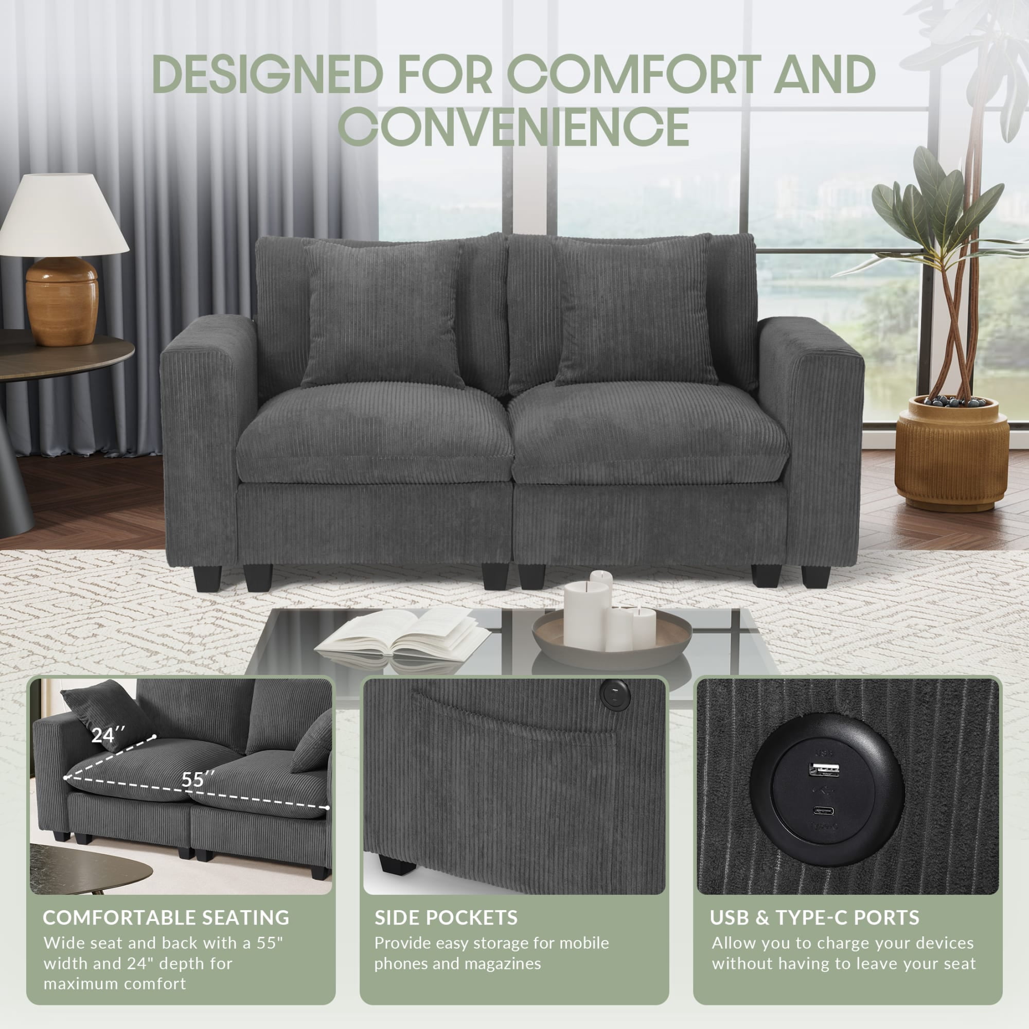 WestinTrends Hearthside 70" Modular Corduroy Loveseat Sofa With USB/Type-C Ports and Side Pockets, Charcoal Gray