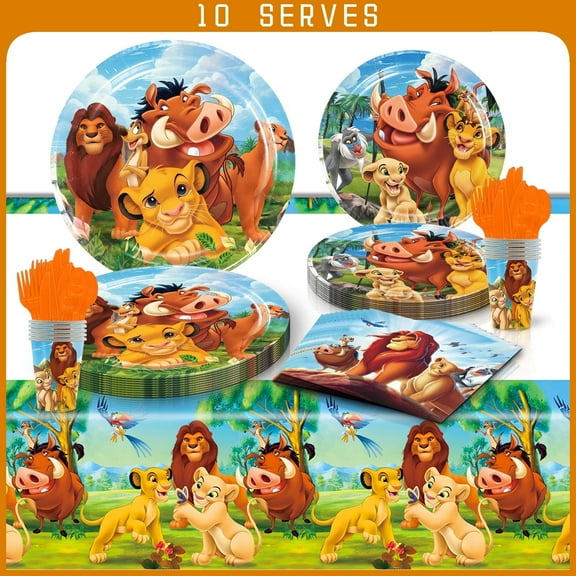 81 Pcs Lion King Party Tableware Set, Birthday Party Supplies, Table Cover,Paper Plates, Napkins, Cups, Knives, Spoons and Forks