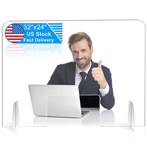 32W x 24H Portable Clear Acrylic Plastic Barrier for Offices and Stores Freestanding Plexiglass Shield with Adjustable Transaction Window Sneeze Guard for Counter 32 x 24 x 1/8 inch